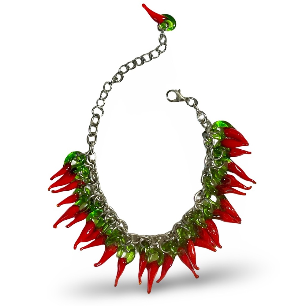 Red Chili Pepper 10 inch Charm Bracelet Silver tone hardware Red & Green Glass